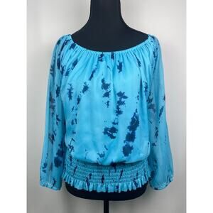 Colleen Lopez Blue Tie-Dye Smocked Hem Blouse Size L